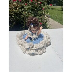Vintage doll in crochet dress red/brown hair blue eyes‎